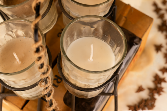 Traditional Milk Glass Candle Set with Metal Holder – 4 Pc