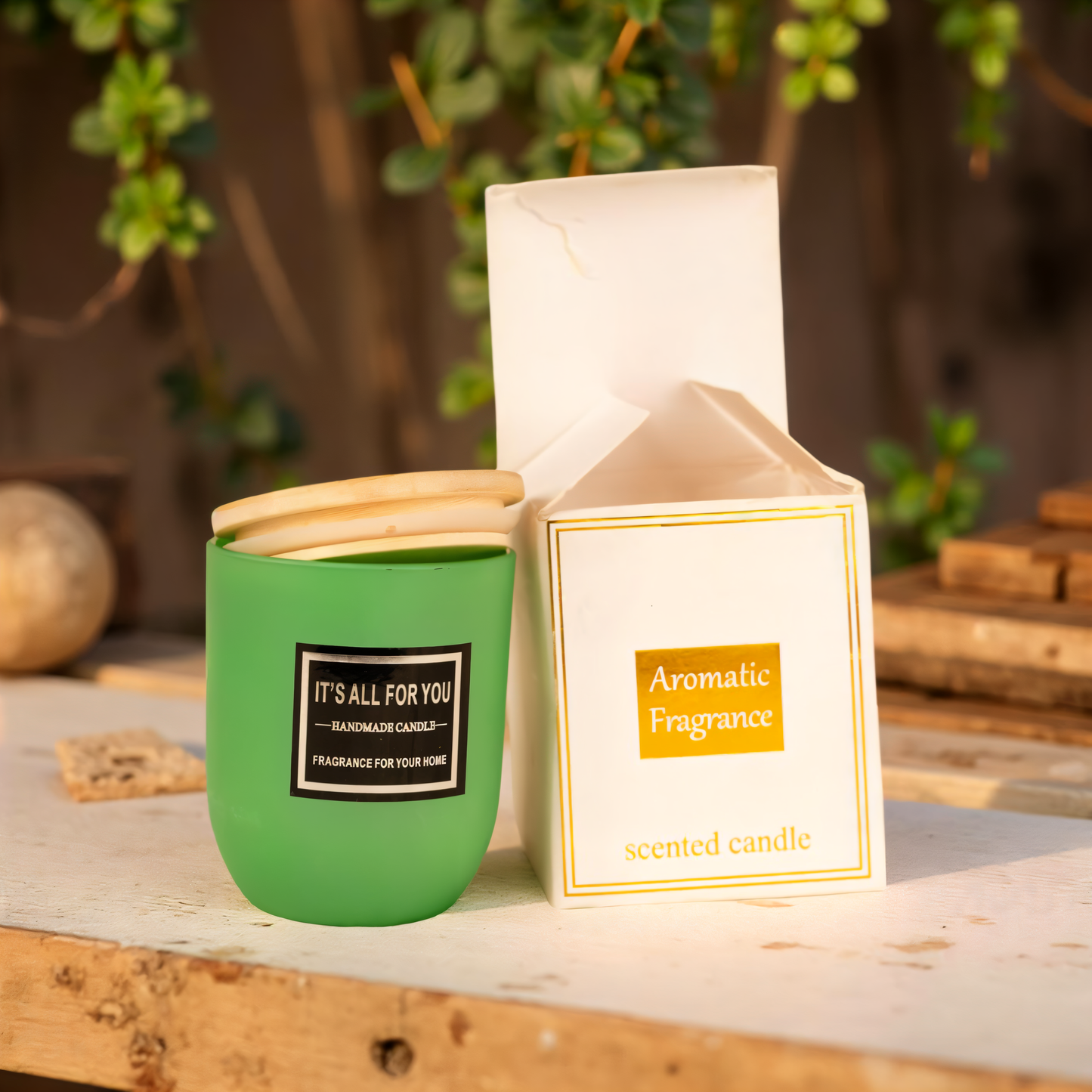 Handmade Green Glass Jar Candle with Wooden Lid