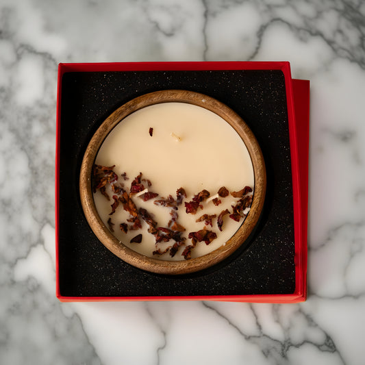 Wooden Bowl Soy Wax Candle with Rose Petals