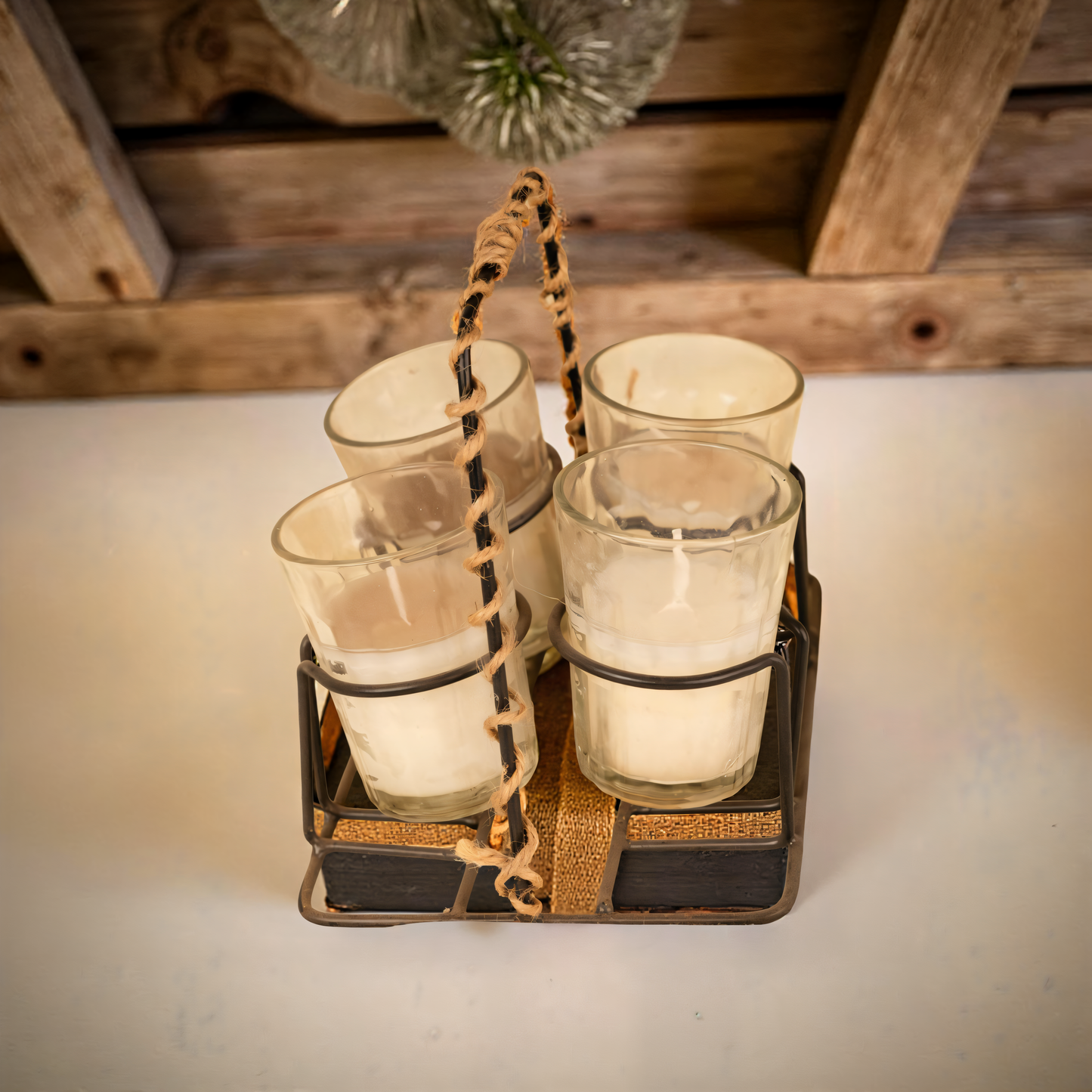 Traditional Milk Glass Candle Set with Metal Holder – 4 Pc