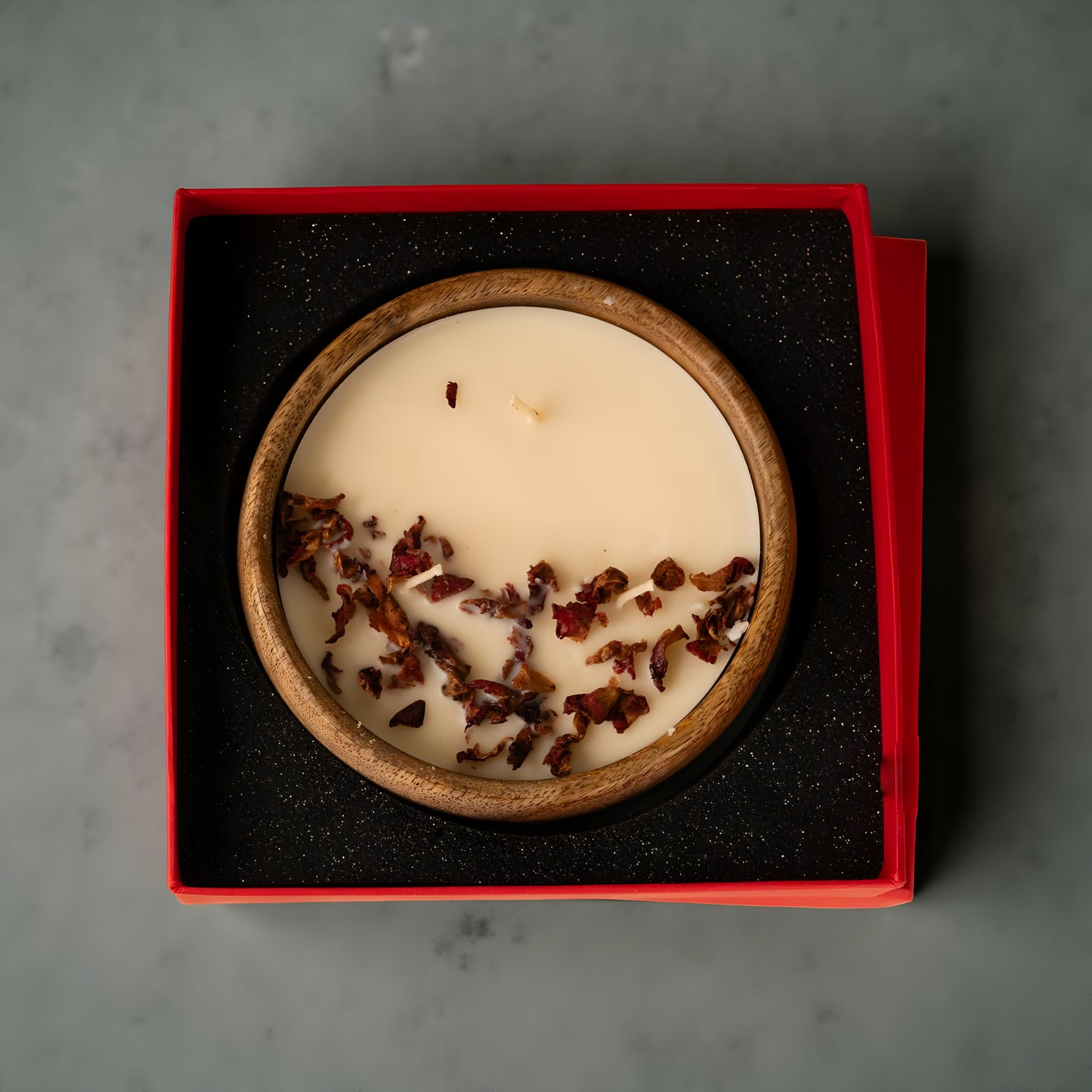 Wooden Bowl Soy Wax Candle with Rose Petals