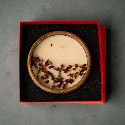 Wooden Bowl Soy Wax Candle with Rose Petals
