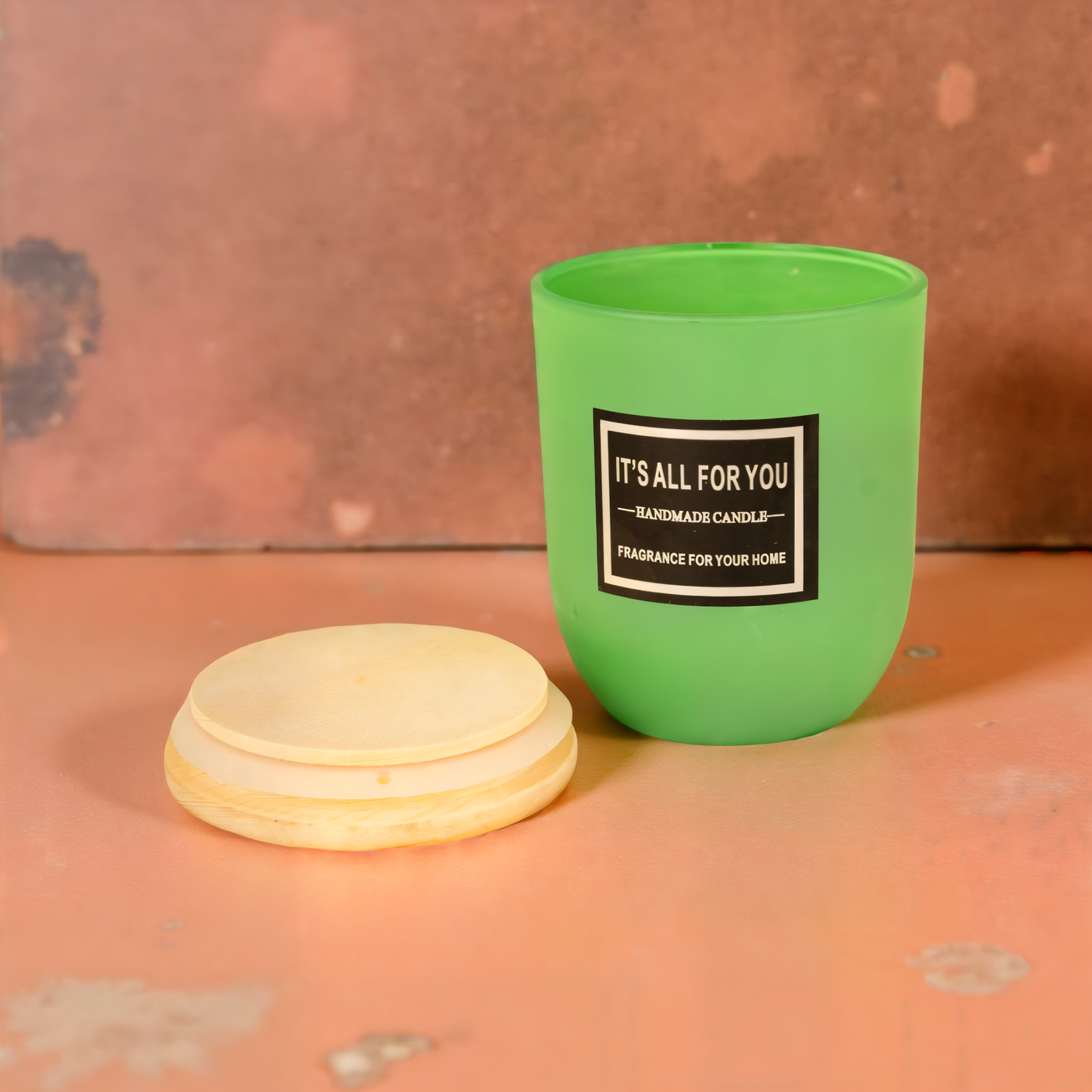 Handmade Green Glass Jar Candle with Wooden Lid