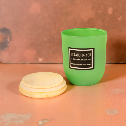 Handmade Green Glass Jar Candle with Wooden Lid