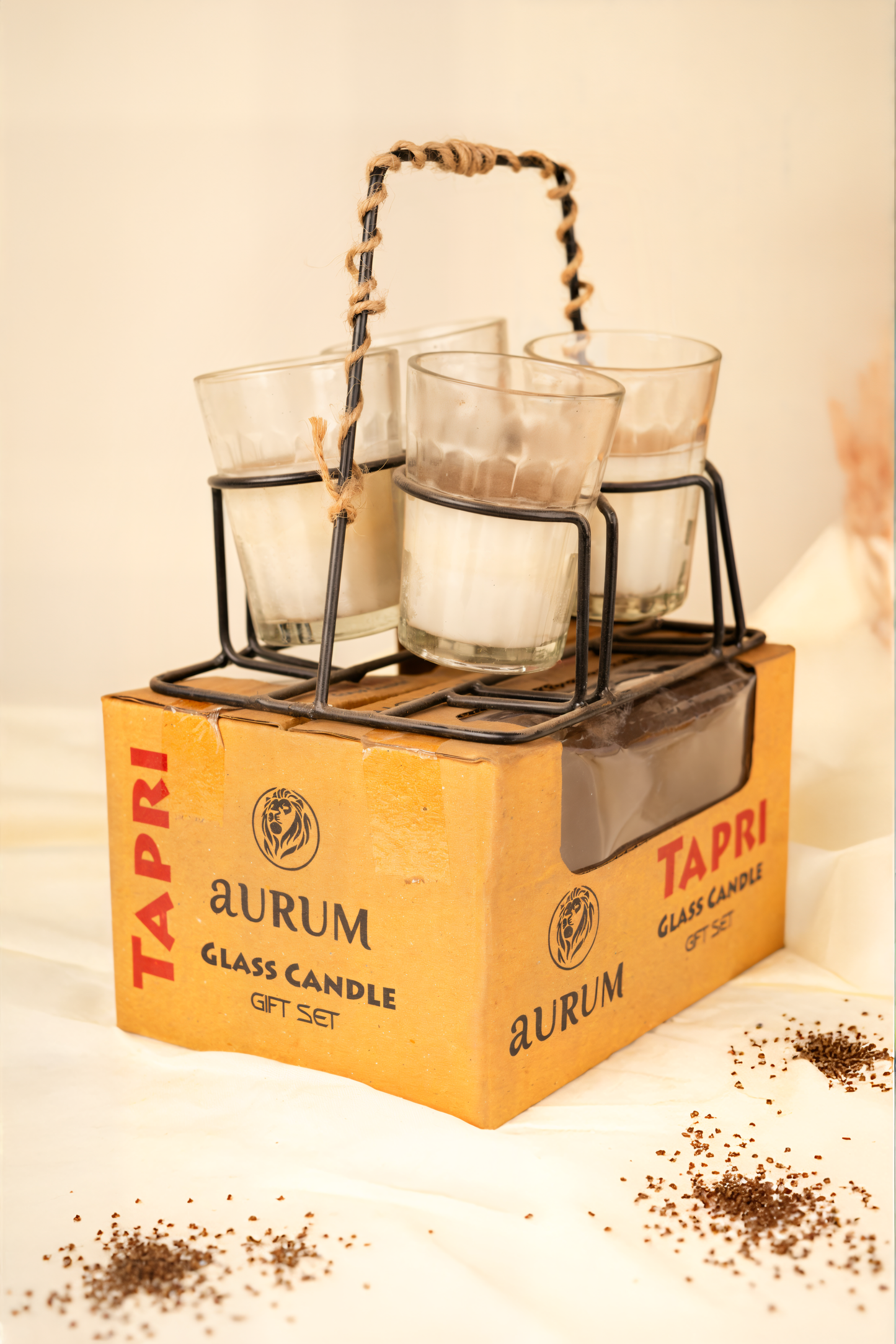 Traditional Milk Glass Candle Set with Metal Holder – 4 Pc