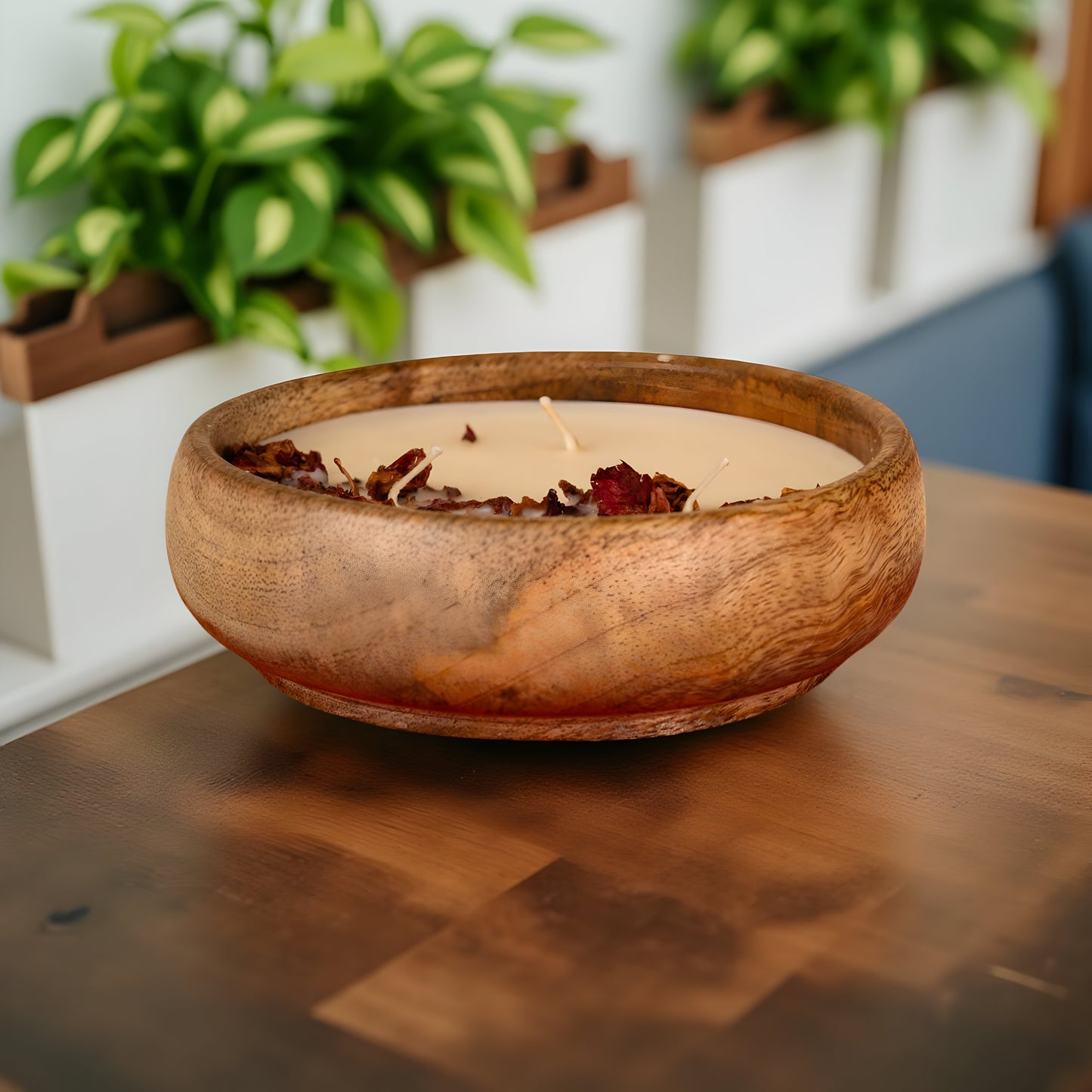 Wooden Bowl Soy Wax Candle with Rose Petals