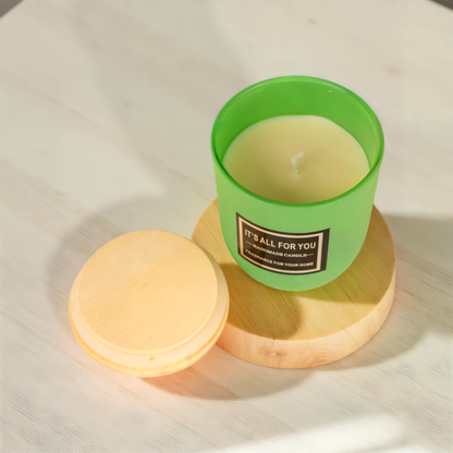 Handmade Green Glass Jar Candle with Wooden Lid