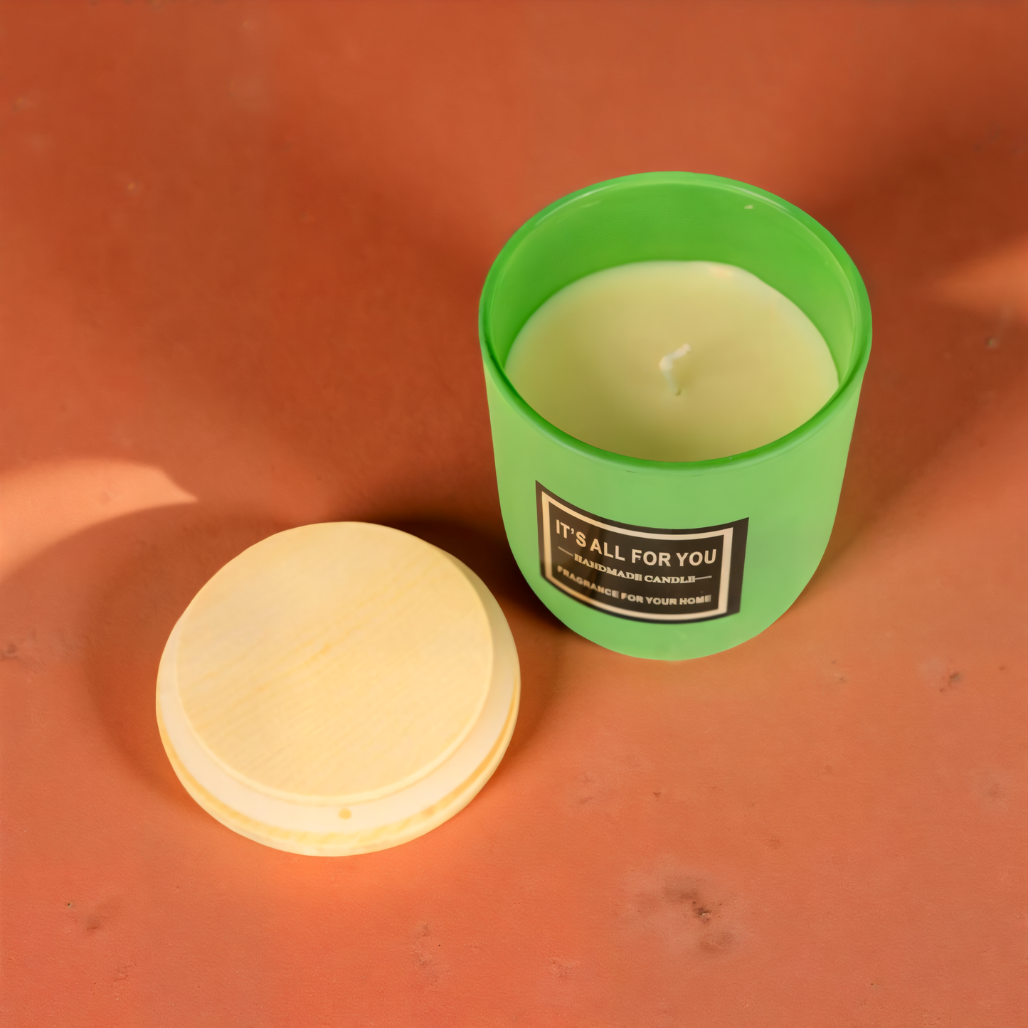 Handmade Green Glass Jar Candle with Wooden Lid