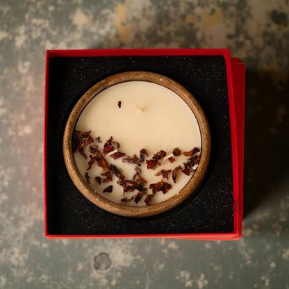 Wooden Bowl Soy Wax Candle with Rose Petals