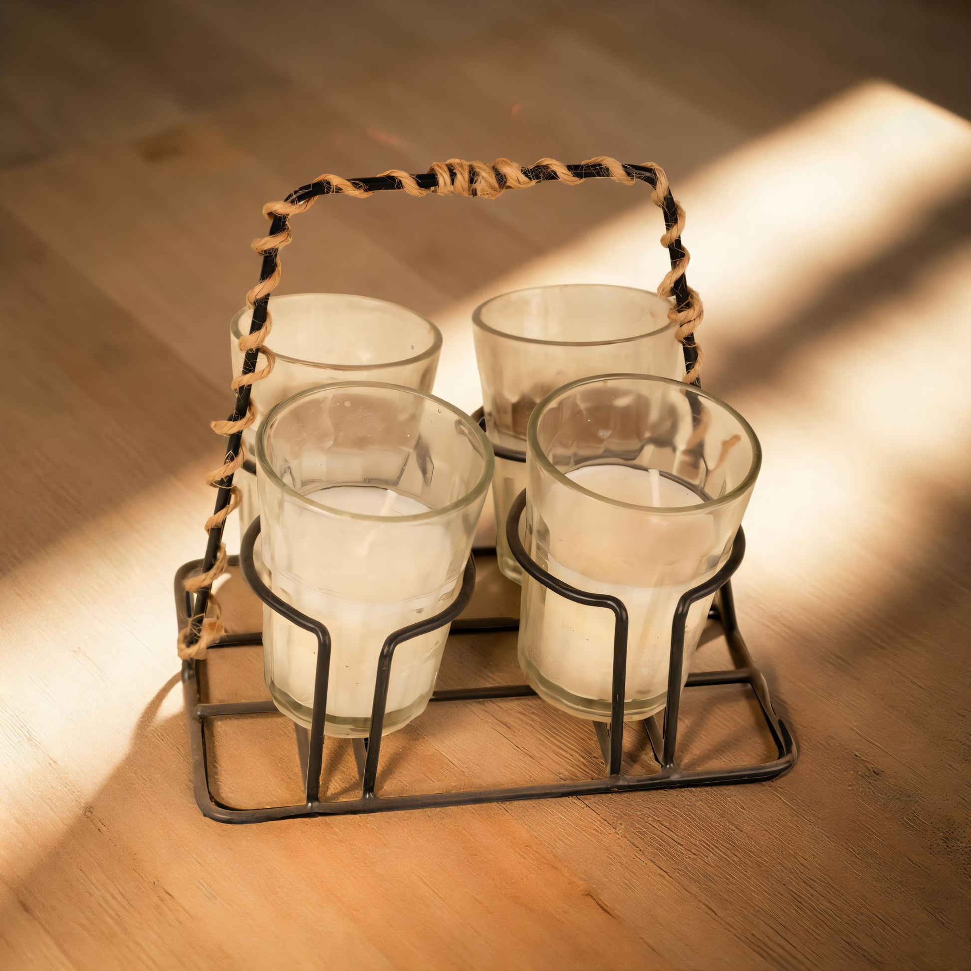 Traditional milk glass candle set with 4 pieces and metal holder by Abiir.