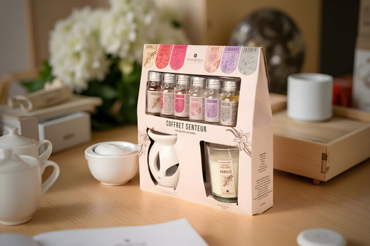 Ceramic aroma diffuser gift set with oils and candle by Abiir.