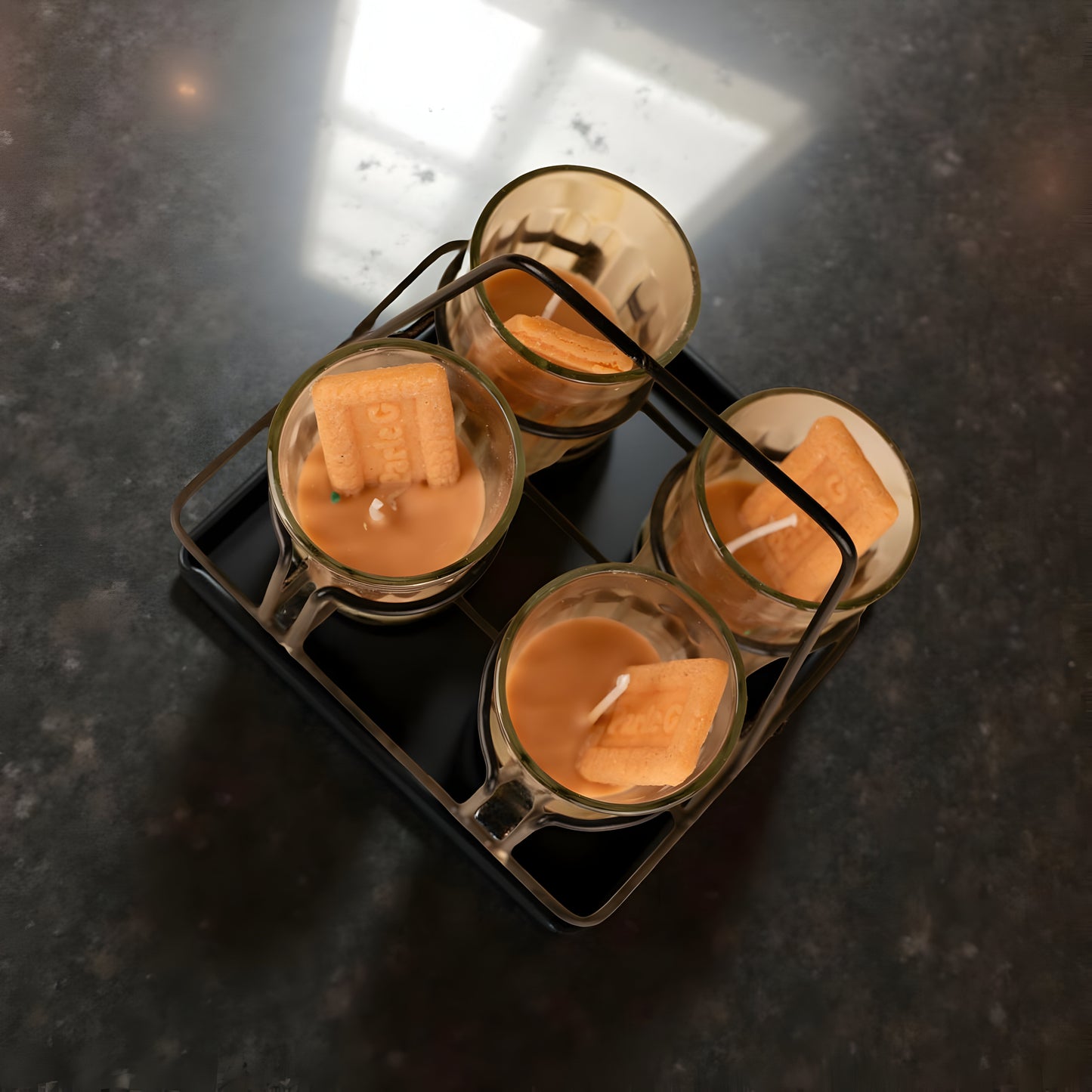 Cutting Chai Glass Candle Set with Metal Holder – 4 Scented Candles