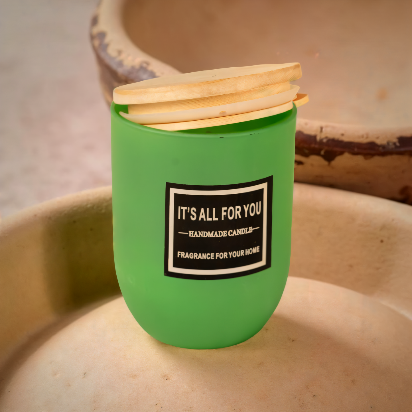 Handmade Green Glass Jar Candle with Wooden Lid