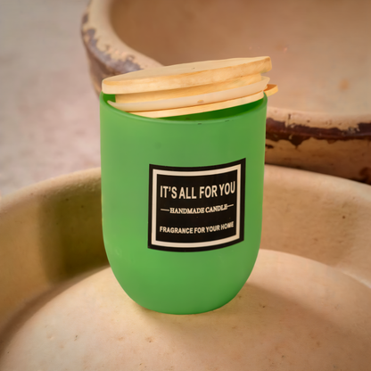 Handmade Green Glass Jar Candle with Wooden Lid