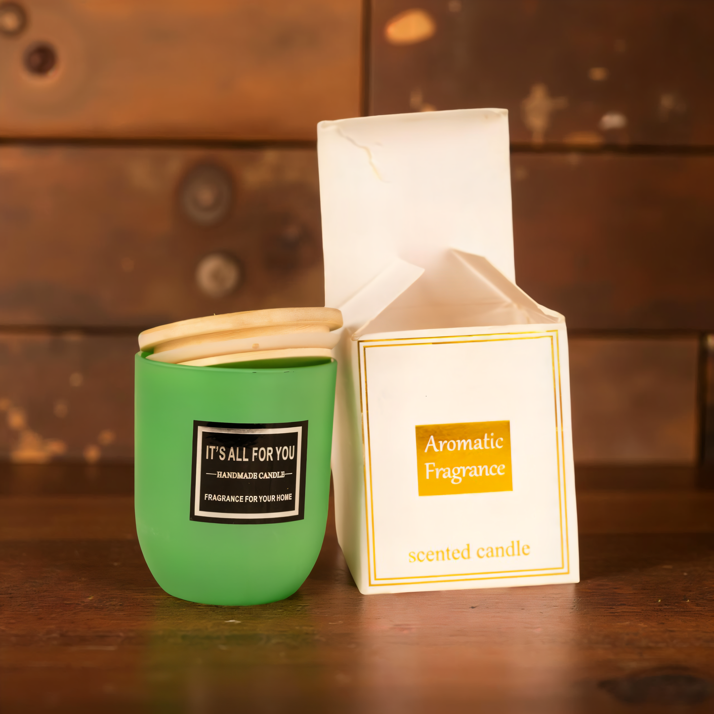 Handmade Green Glass Jar Candle with Wooden Lid