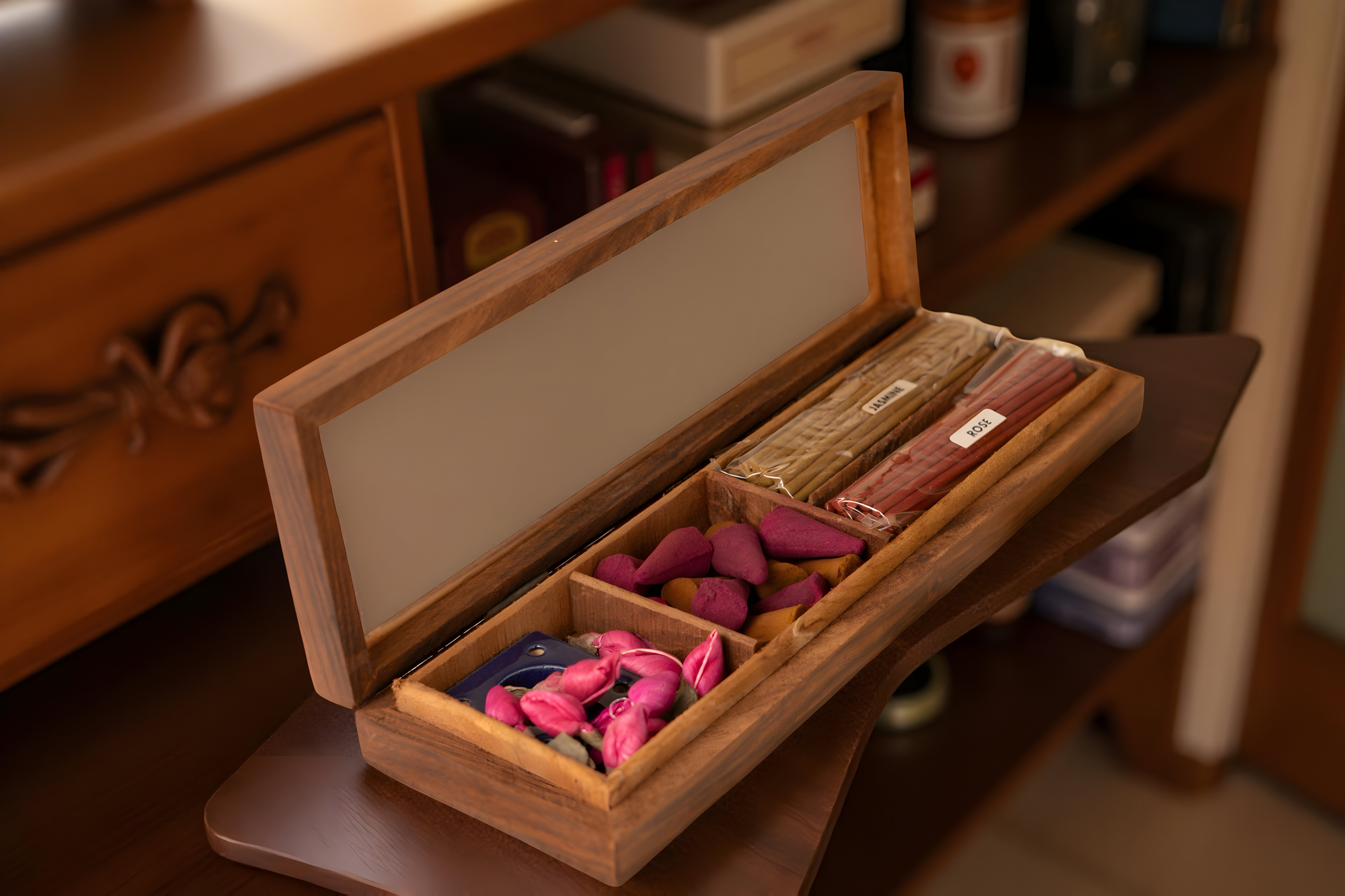 Wooden incense gift box set with sticks, cones and potpourri by Abiir.