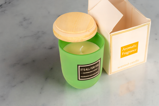 Handmade Green Glass Jar Candle with Wooden Lid