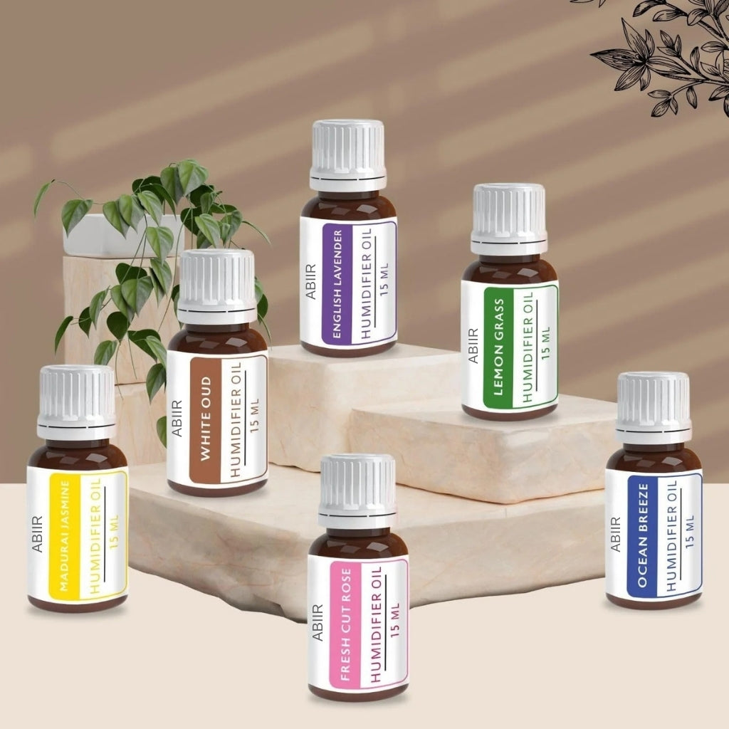 Premium humidifier oil set of 6 bottles for aroma diffusers by Abiir.